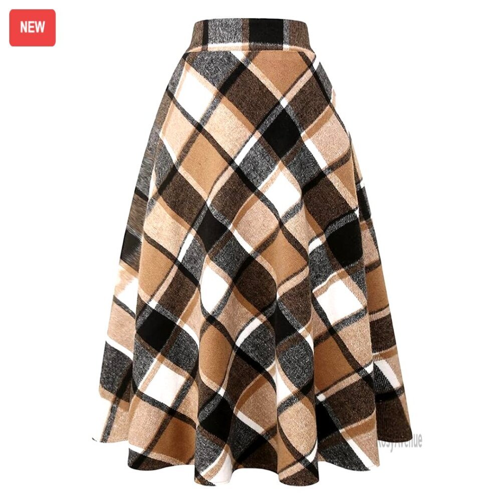 Long Wool Skirt High Waist Elastic Flared A-Line Winter Warm Plaid